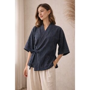 Muji Navy Stripe Wrap Top Cotton Crepe Kimono Style Side Tie Large